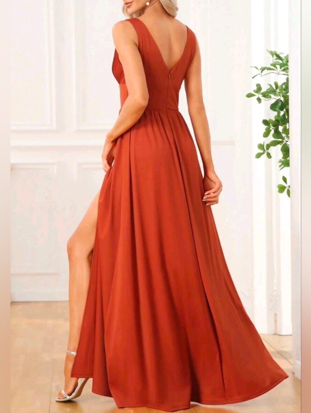 New Luxe Deep V Split Leg Maxi Dress Flowy Rust Orange - Picture 4 of 9